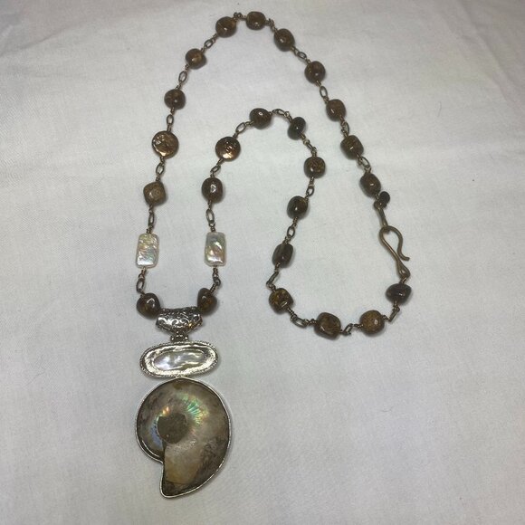 JMAX Handmade Ammonite Fossil & Mother of Pearl Silver Necklace Boho Nature - Picture 8 of 15